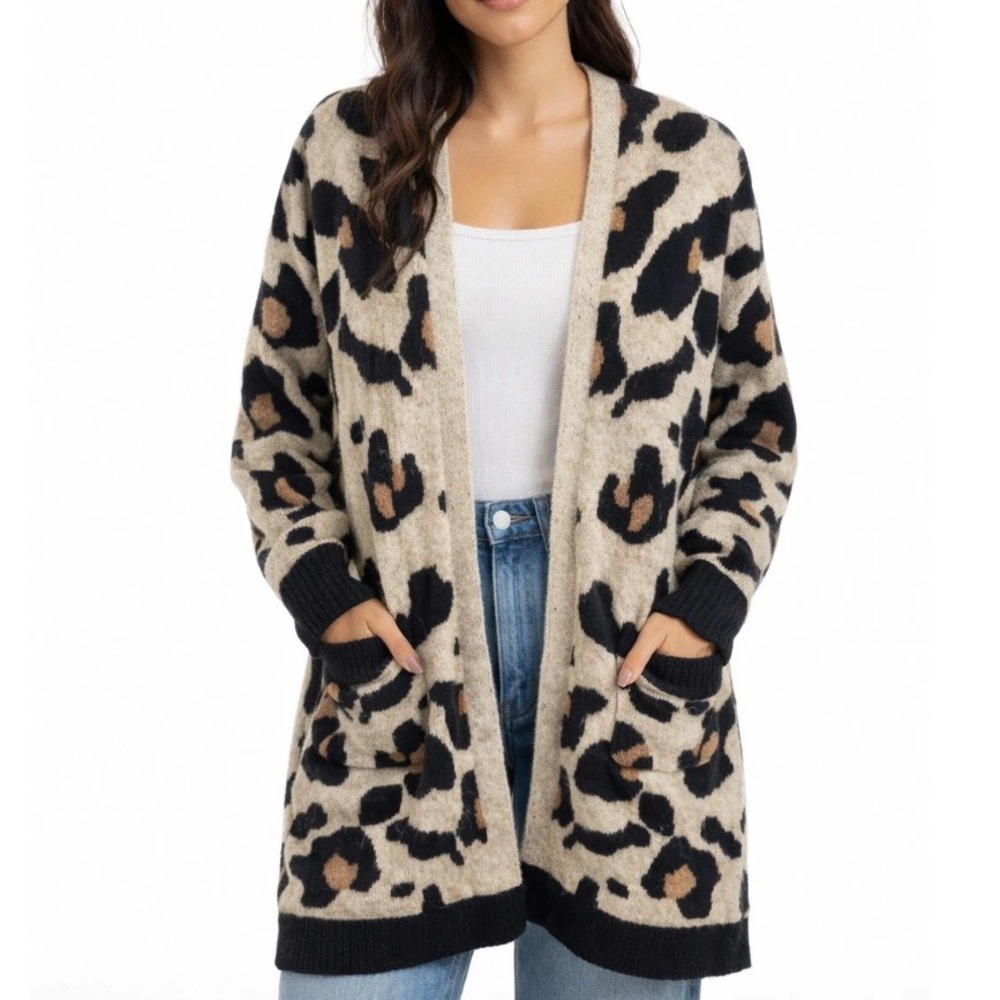 Altar’d State Black Tan Leopard Print Open Front Cozy Cardigan Sweater Size S/M